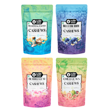 Better Bites Combo of 4 Flavoured Cashews - Roasted & Salted, Blueberry, Bubblegum and Chilli Guava