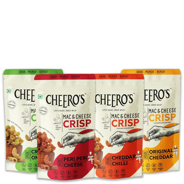 Cheero's Mac and Cheese Crisps Cheddar Chilli, Creamy Onion, Original Cheddar, Peri Peri Cheese Flavoured Chips