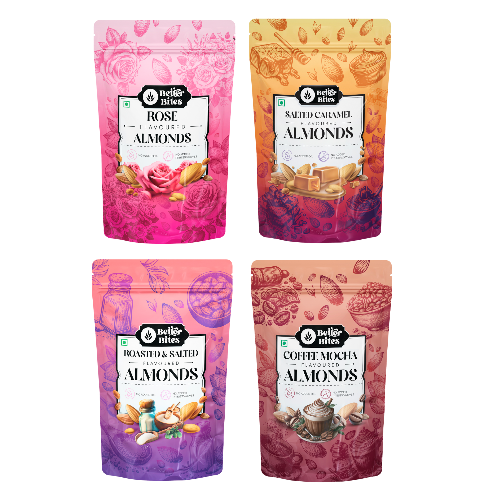 Better Bites Combo of 4 Flavoured Almonds - Rose, Salted Caramel, Roasted & Salted and Coffee Mocha