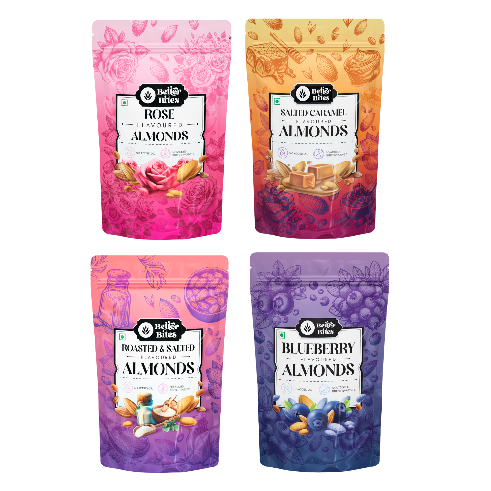 Better Bites Combo of 4 Flavoured Almonds - Rose, Salted Caramel, Roasted & Salted and Blueberry