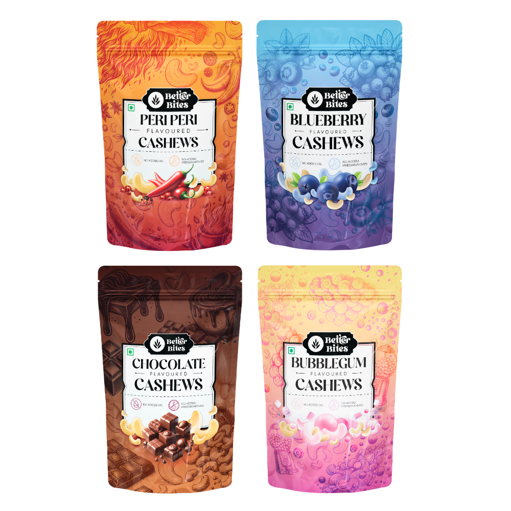 Better Bites Combo of 4 Flavoured Cashews - Peri Peri, Blueberry, Chocolate and Bubblegum