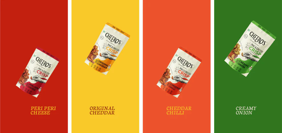 Cheero's Mac and Cheese Crisps Cheddar Chilli, Creamy Onion, Original Cheddar, Peri Peri Cheese Flavoured Chips
